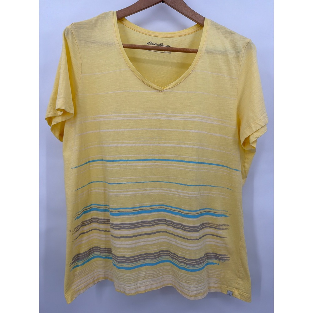 Eddie Bauer Outdoor Women XL Butter Yellow V-Neck Short Sleeve Cotton T-Shirt